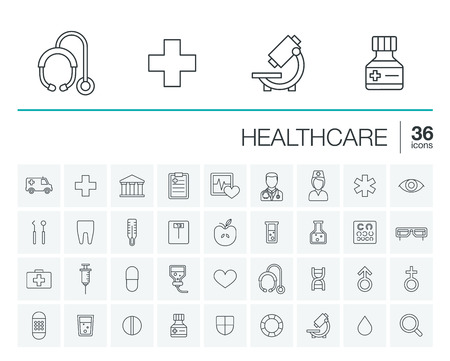 thin line icons set and graphic design elements. Illustration with medical, medicine and healthcare outline symbols. Dentist, health, ambulance, care, doctor, pills, cross rounded pictogramsのイラスト素材