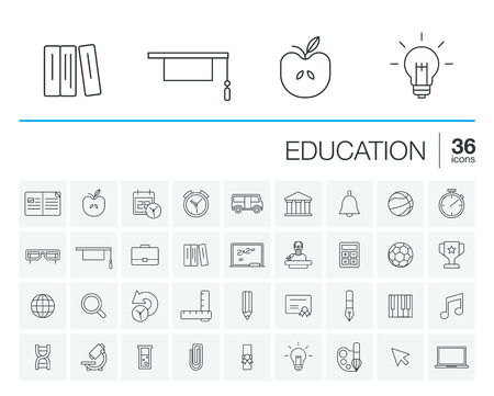 thin line icons set and graphic design elements. Illustration with education, online learning, think outline symbols. Book, microscope, calculator, pen, elearning, teacher rounded pictogramのイラスト素材