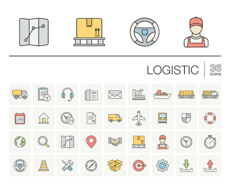 thin line icons set and graphic design elements. Illustration with Logistic, delivery business, distribution outline symbols. Service, export, shipping, transport color pictogramのイラスト素材