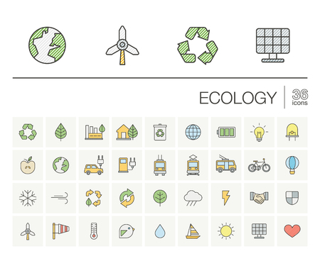 thin line icons set and graphic design elements. Illustration with ecology outline symbols. Eco, bio, environmental, alternative, recycle, wind power color pictogram.のイラスト素材