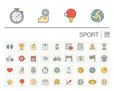 thin line icons set and graphic design elements. Illustration with sport and fitness outline symbols. Ball, game, cup medal, trophy, football, volleyball linear pictograms.のイラスト素材