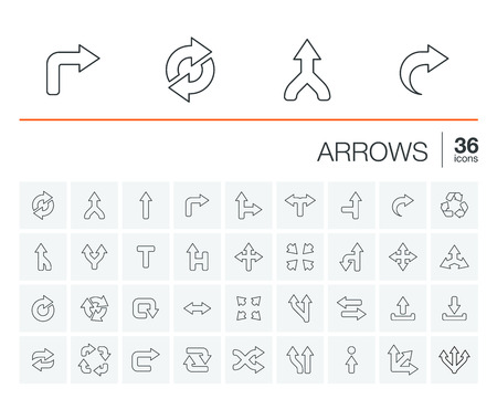 thin line rounded icons set and graphic design elements. Illustration with arrows, direction and move outline symbols. Turn left, right, switch, undo linear pictogramのイラスト素材