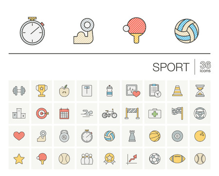 thin line icons set and graphic design elements. Illustration with sport and fitness outline symbols. Ball, game, cup medal, trophy, football, volleyball color pictograms.のイラスト素材