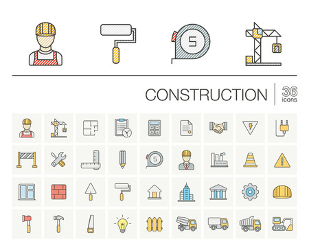 Vector thin line icons set and graphic design elements. Illustration with construction, industrial, architectural, engineering outline symbols. Home repair tools, worker, building color pictogramのイラスト素材