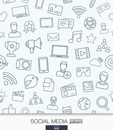 ocial Media wallpaper. Network communication seamless pattern. Tiling textures with thin line web icons set. Vector illustration. Abstract background for mobile app, website, presentation.のイラスト素材