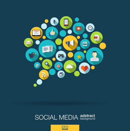 Color circles, flat icons in a speech bubble shape: technology, social media, network, computer concept. Abstract background with connected objects in integrated group of elements. Vector illustration