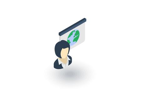 WF, weather forecast, girl whith geography map isometric flat icon. 3d vector colorful illustration. Pictogram isolated on white backgroundのイラスト素材
