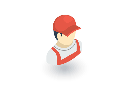 Delivery man in red uniform isometric flat icon. 3d vector colorful illustration. Pictogram isolated on white backgroundのイラスト素材