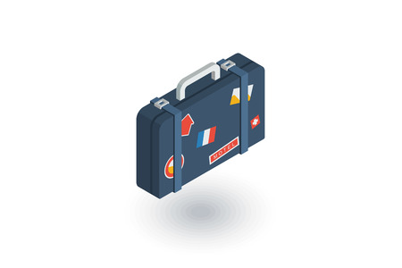 luggage, suitcase, travel bag whith stickers isometric flat icon. 3d vector colorful illustration. Pictogram isolated on white backgroundのイラスト素材
