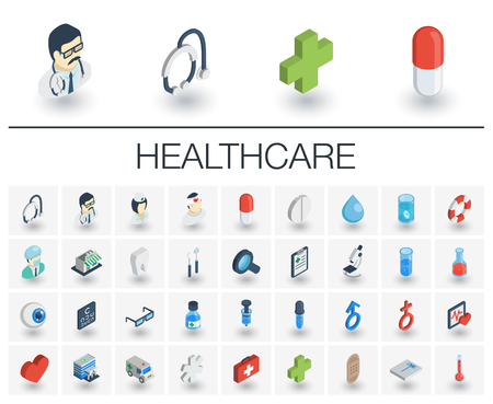 Isometric flat icon set. 3d vector colorful illustration with medical, medicine, healthcare symbols.のイラスト素材