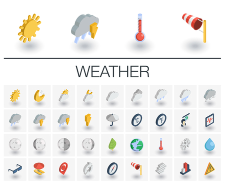 Isometric flat icon set. 3d vector colorful illustration with meteo symbols. Weather cast, cloud, rain, snow, moon, thermometer, umbrella colorful pictogram Isolated on whiteのイラスト素材