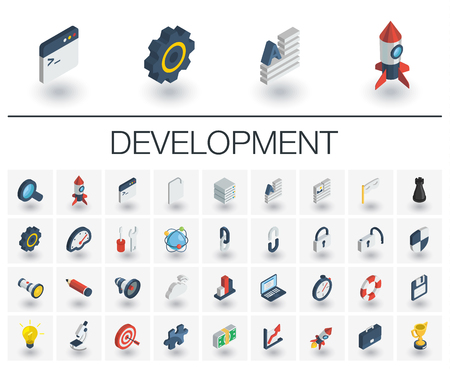 Isometric flat icon set. 3d vector colorful illustration with web and app development symbols.のイラスト素材