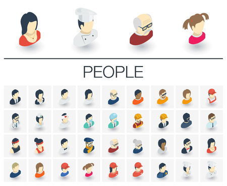 Isometric flat icon set. 3d vector colorful illustration with people avatars symbols.のイラスト素材