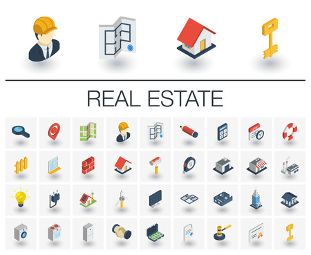 Isometric flat icon set. 3d vector colorful illustration with real estste symbols.のイラスト素材