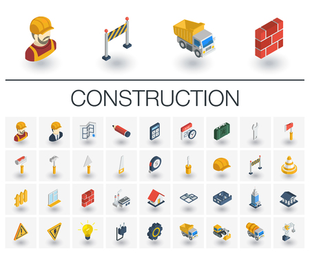 Isometric flat icon set. 3d vector colorful illustration with construction, industrial, architectural, engineering symbols.のイラスト素材