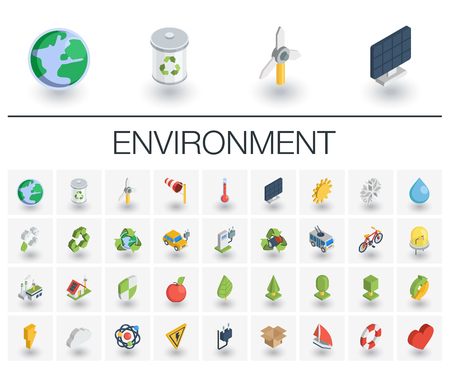 Isometric flat icon set. 3d vector colorful illustration with ecology symbols.のイラスト素材