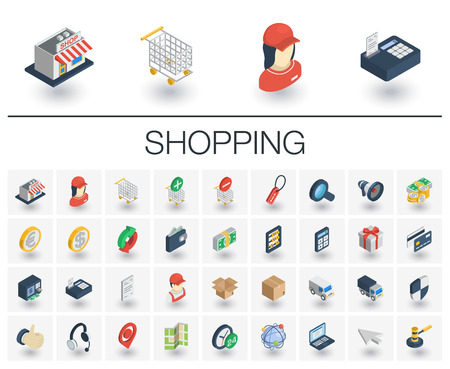 Isometric flat icon set. 3d vector colorful illustration with shoppig symbols.のイラスト素材