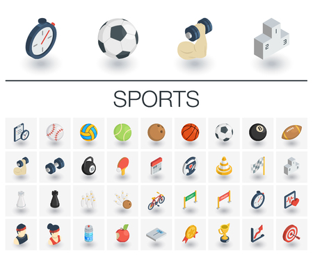 Isometric flat icon set. 3d vector colorful illustration with sport and fitness symbols.のイラスト素材