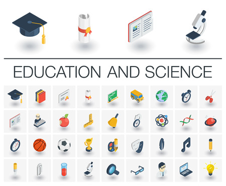 Isometric flat icon set. 3d vector colorful illustration with education, learning, think symbols. Book, microscope, calculator, pen, elearning, teacher colorful pictogram Isolated on whiteのイラスト素材