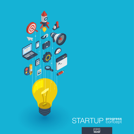 Development integrated 3d web icons. Isometric progress concept. Connected graphic design line growth system. Startup background for programm app, digital code. Vector idea bulb, rocket launch symbolsのイラスト素材