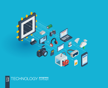 Technology integrated 3d web icons. Digital network isometric progress concept. Connected graphic design line growth system. Background whith wireless printing and virtual reality. Vector Infographのイラスト素材