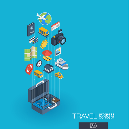Travel integrated 3d web icons. Digital network isometric progress concept. Connected graphic design line growth system. Background whith tour map, hotel booking, flight ticket. Vector Infographのイラスト素材