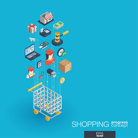 Shopping integrated 3d web icons. Digital network isometric progress concept. Connected graphic design line growth system. Abstract background for ecommerce, market and online sales. Vector Infographのイラスト素材