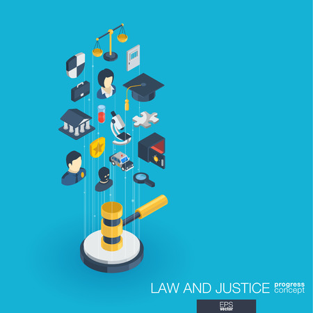 Law, justice integrated 3d web icons. Digital network isometric progress concept. Connected graphic design line growth system. Abstract background whith lawyer, crime and punishment. Vector Infographのイラスト素材