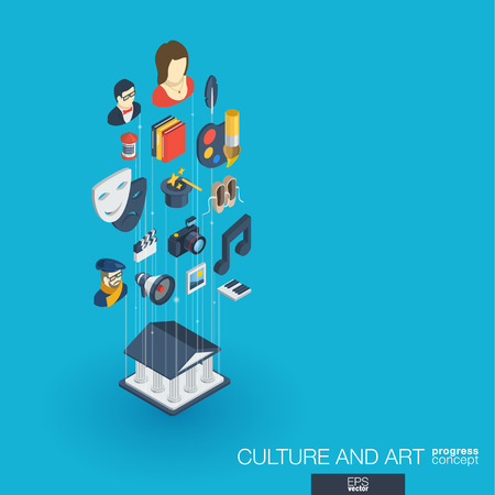 Culture, art integrated 3d web icons. Digital network isometric progress concept. Connected graphic design line growth system. Background for theater artist, music, circus show bill. Vector Infographのイラスト素材