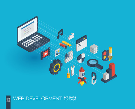 Web development integrated 3d icons. Digital network isometric progress concept. Connected graphic design line growth system. Abstract background for seo, website, app design. Vector Infographのイラスト素材