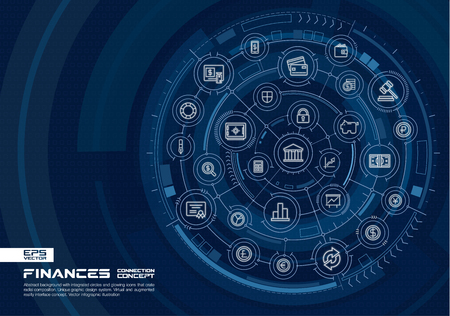 Abstract finance, bank technology background. Digital connect system with integrated circles, glowing line icons. Virtual reality, payment interface concept. Vector future infographic illustrationのイラスト素材