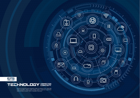 Abstract technology background. Digital connect system with integrated circles, glowing thin line icons. Virtual, augmented reality touch interface concept. Vector future infographic illustrationのイラスト素材