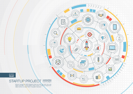 Abstract startup project, development background. Digital connect system with integrated circles, color flat icons. Interface design. Idea bulb, rocket launch concept. Vector infographic illustrationのイラスト素材