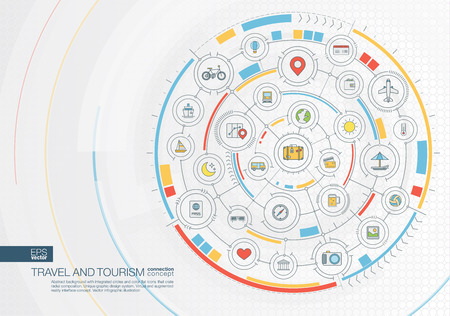 Abstract travel and tourism background. Digital connect system with integrated circles, color flat icons. Interface design. Hotel booking, holiday, vacation concept. Vector infographic illustrationのイラスト素材