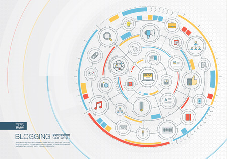 Abstract blogging background. Digital connect system with integrated circles, color flat icons. Interface design . Video content publish, follow, post writing concept. Vector infographic illustrationのイラスト素材