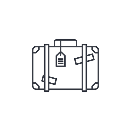 luggage, suitcase, travel bag whith stickers thin line icon. Linear vector illustration. Pictogram isolated on white backgroundのイラスト素材
