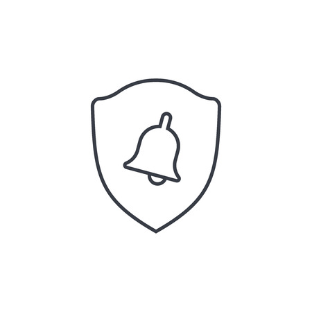 police shield and bell, security alert signal thin line icon. Linear vector illustration. Pictogram isolated on white backgroundのイラスト素材