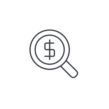 finance and money, magnifying glass with dollar symbol, bank investment search thin line icon. Linear vector illustration. Pictogram isolated on white backgroundfogmoneyのイラスト素材