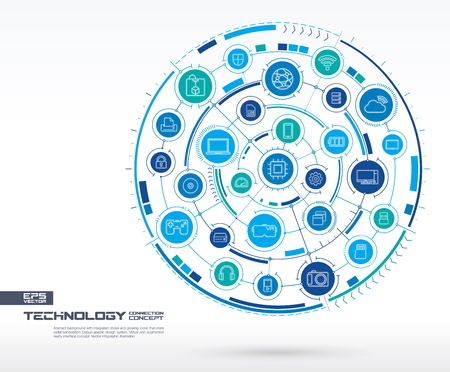 Abstract technology background. Digital connect system with integrated circles, glowing thin line icons. Network system group, touch interface concept. Vector future infographic illustrationのイラスト素材