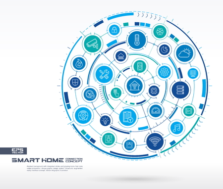 Abstract smart home technology background. Digital connect system with integrated circles, glowing thin line icons. Network system group, interface concept. Vector future infographic illustrationのイラスト素材