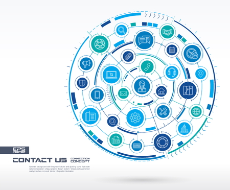 Abstract contact us, call center background. Digital connect system with integrated circles, glowing line icons. Network system group, interface concept. Vector future infographic illustrationのイラスト素材