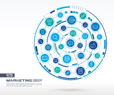 Abstract marketing and seo background. Digital connect system with integrated circles, glowing thin line icons. Network system group, interface concept. Vector future infographic illustrationのイラスト素材