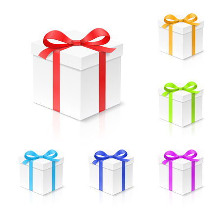 Gift box set with red, gold, blue, green and purple color bow knot, ribbon isolated on white background. Happy birthday, Christmas, New Year, Wedding package concept. Closeup Vector 3d illustrationのイラスト素材