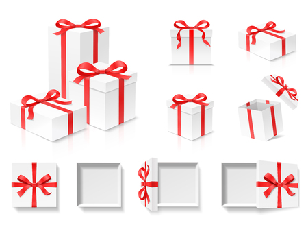 Empty open gift box set with red color bow knot and ribbon isolated on white background. Happy birthday, Christmas, New Year, Wedding or Valentine Day package concept. Closeup Vector 3d illustrationのイラスト素材