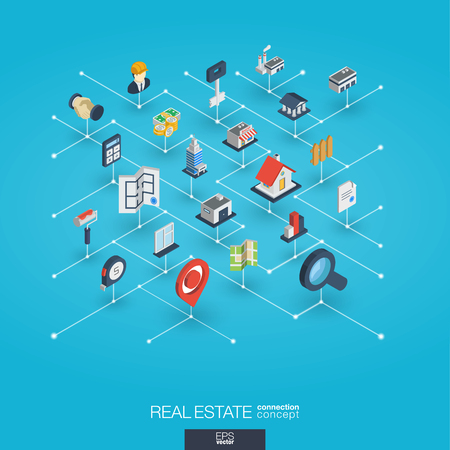 Real estate integrated 3d web icons. Digital network isometric interact concept. Connected graphic design dot and line system. Abstract background for apartment rent, property sale. Vector Infographのイラスト素材