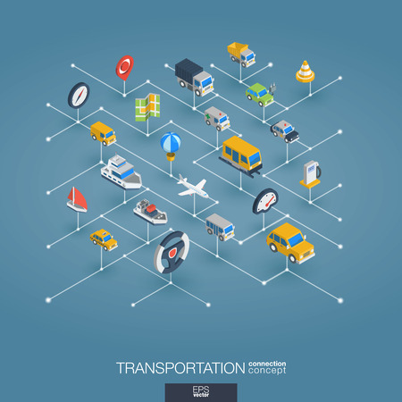 Transportation integrated 3d web icons. Digital network isometric interact concept. Connected graphic design dot and line system. Abstract background for traffic, navigation service. Vector Infographのイラスト素材