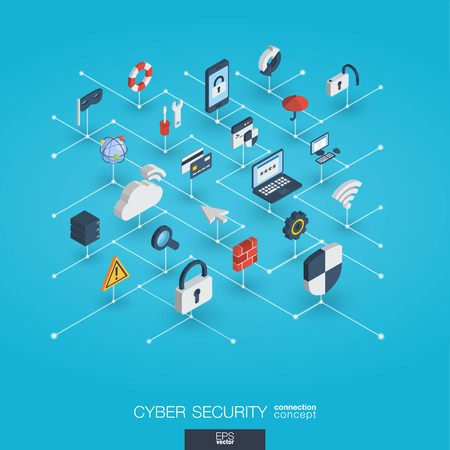 Cyber security integrated 3d web icons. Digital network isometric interact concept. Connected graphic design dot line system. Abstract big data protect background and internet safety. Vector Infographの写真素材