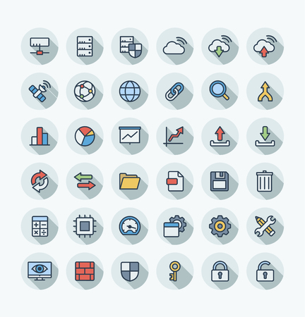 Vector thin line icons set and graphic design elements. Illustration with big data and analytics technology outline symbols. Bigdata, database, seo, server, information security flat color pictogramのイラスト素材