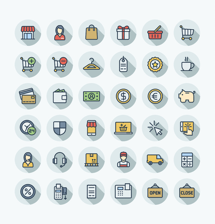 Illustration with shopping, e-commerce outline symbols. Vector thin line icons set and graphic design. Internet market, store, delivery, gift box, bag, payment, pay per click flat color pictogramのイラスト素材