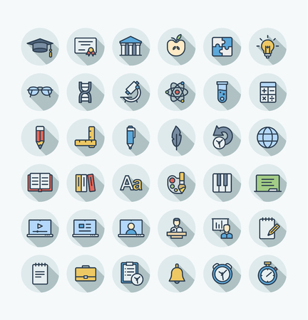 Illustration with education, online learning, think outline symbols. Vector thin line icons set and graphic design. Book, microscope, calculator, pen, e-learning, teacher flat color pictogramのイラスト素材